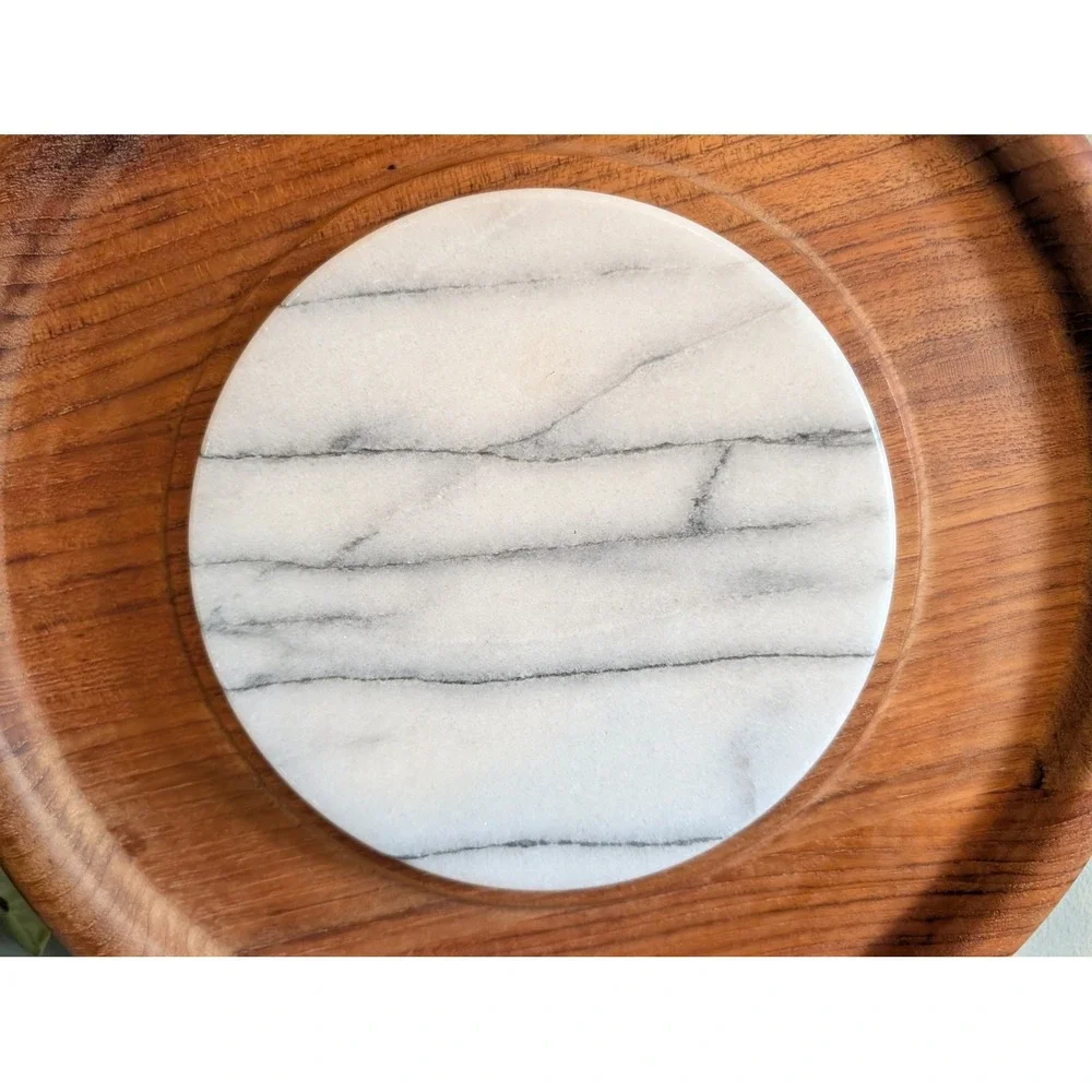 Vintage Good Wood Teak Cheese Board White Marble Inlay Serving Tray 11.5